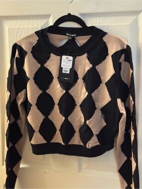 Fashion Nova Black and Tan Diamond-Pattern Crewneck Sweater and Matching Skirt